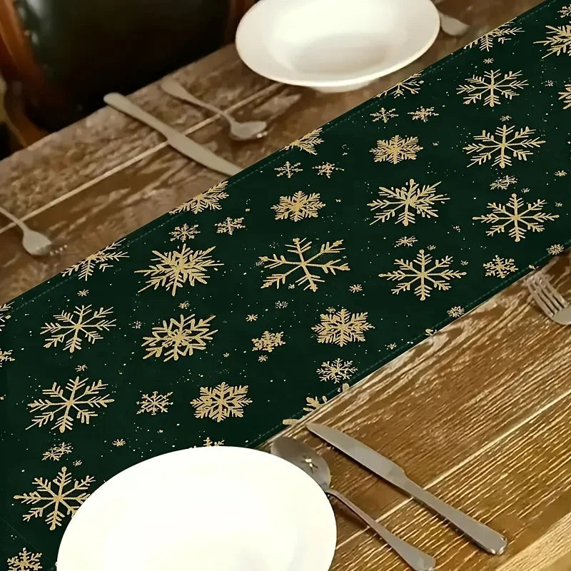 Dark Green Gold Snowflake Christmas Table Runner – 3 Sizes Christmas Table Runner PLUSH