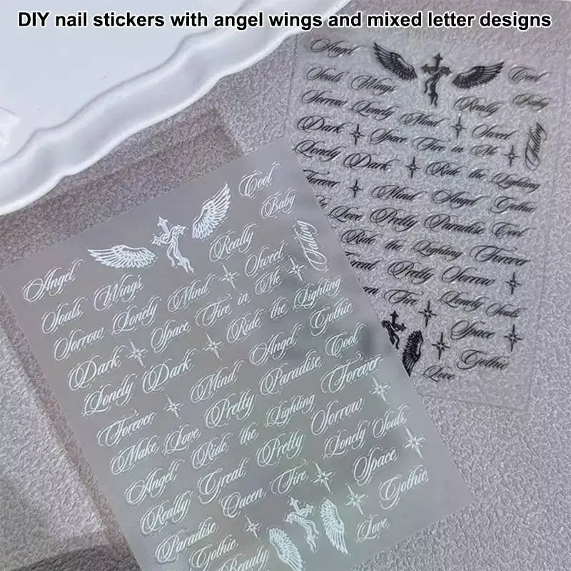 3D Angel Wings Nail Stickers – Black & White Letter Decals Nail Art Stickers PLUSH