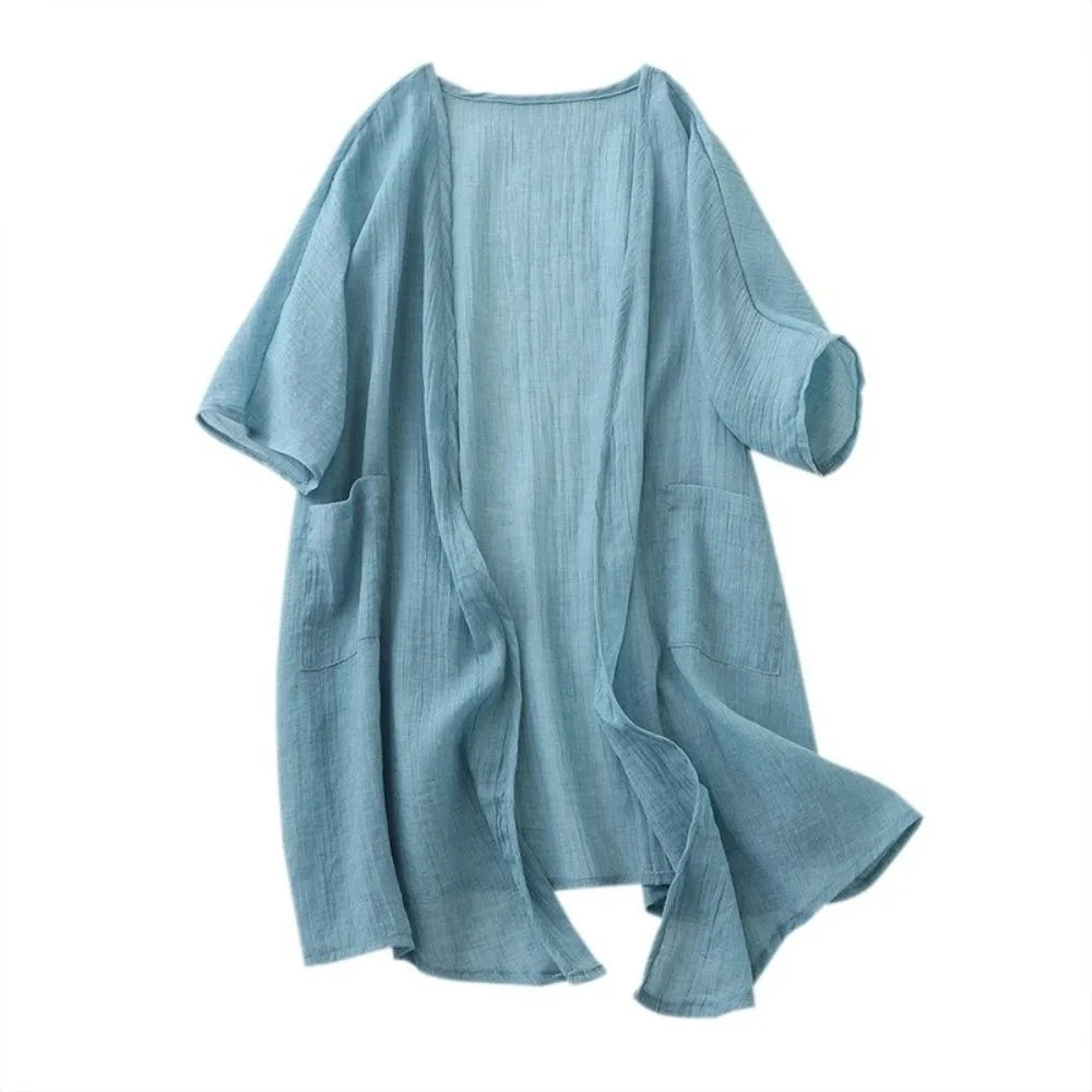 Women's Loose Linen Cardigan – Lightweight Summer Cover-Up Women's Cardigan PLUSH Blue XXL