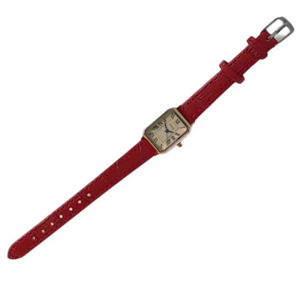 Elegant Women's Quartz Watch – Roman Numeral Leather Strap Ladies Quartz Watch PLUSH Red