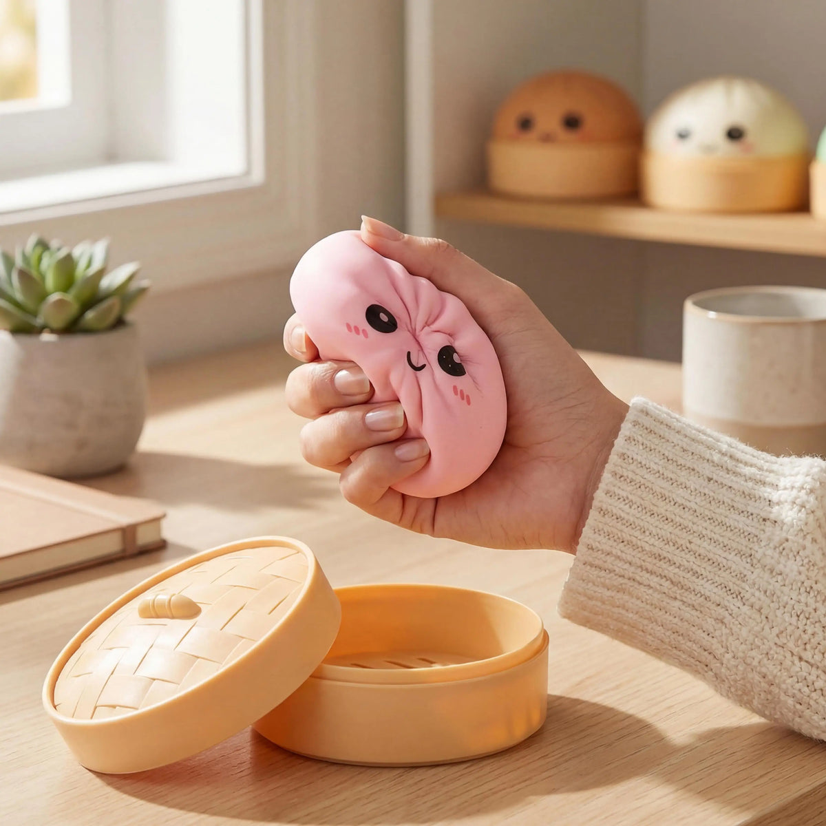 Kawaii Dumpling Squeeze Toy with Steamer – Squishy Dough Ball Squishy Fidget Toy PLUSH