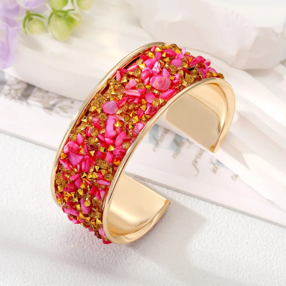 Bohemian Wide Open Cuff Bangle – Rhinestone Stone Bracelet Cuff Bangle Bracelet PLUSH Rose Red