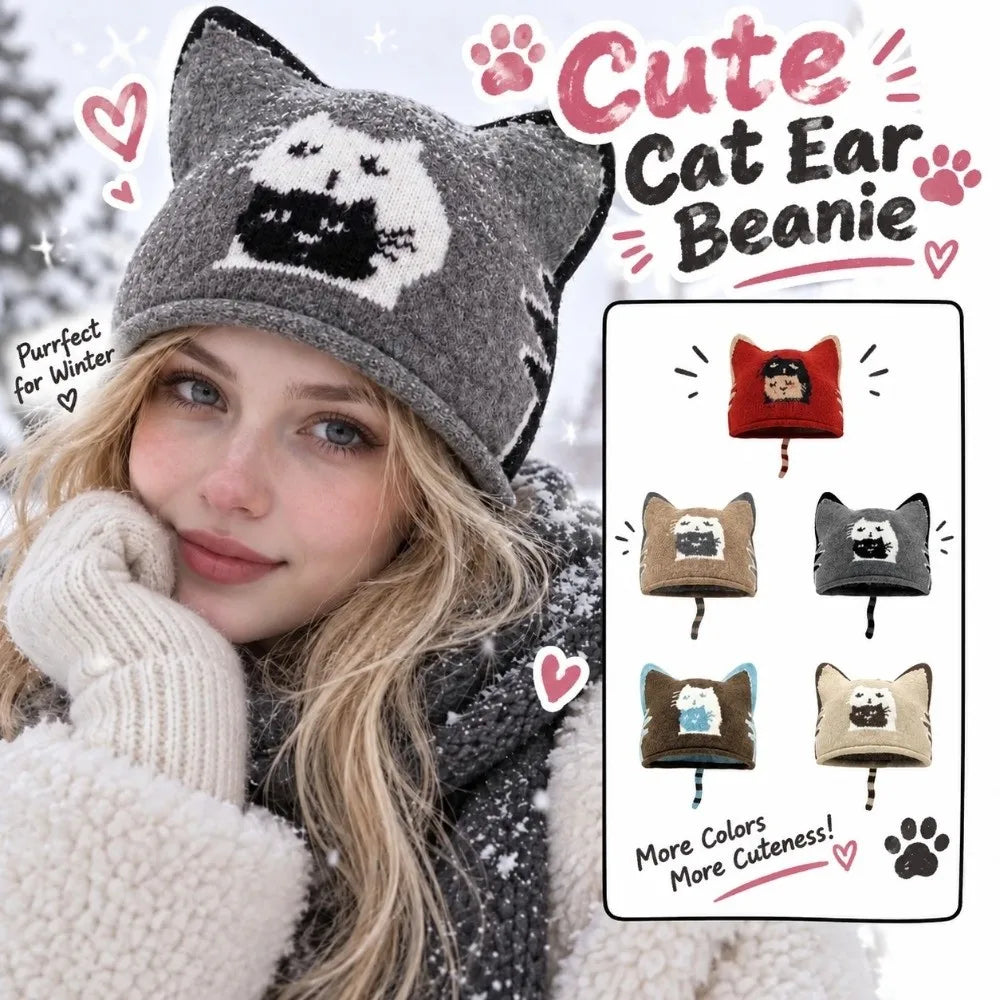 Kawaii Cat Ear Beanie – Cute Knit Winter Cap for Women Knit Beanie Hat PLUSH