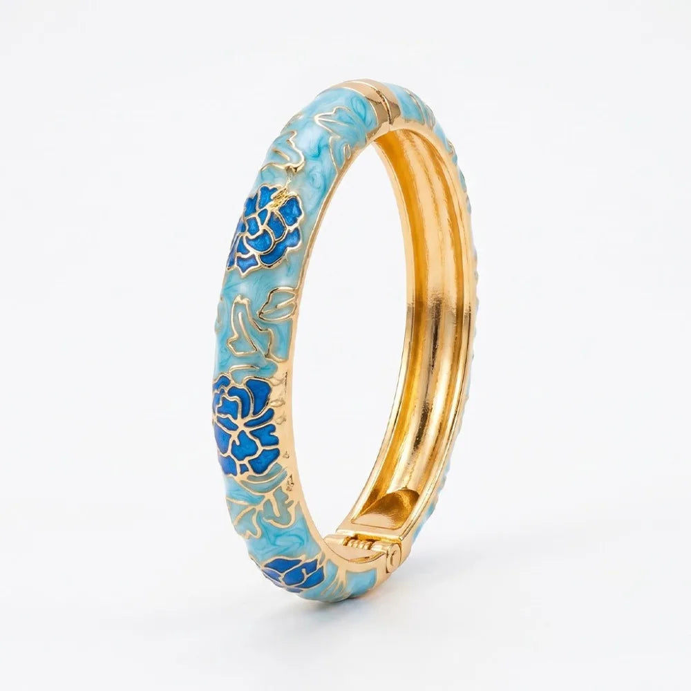 Flower Enamel Wide Bangle Bracelet – Colorful Women's Cuff Enamel Bangle Bracelet PLUSH Blue
