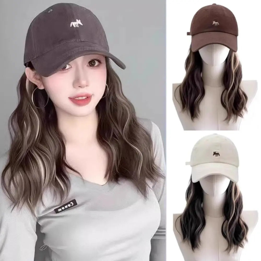 Baseball Cap with Long Wavy Highlight Wig | Korean Style Cap Wig Hairpiece PLUSH