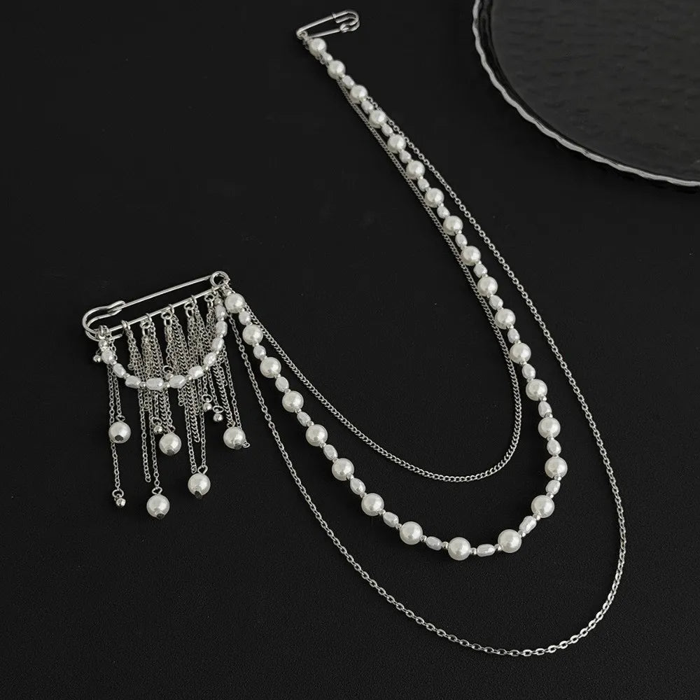 White Pearl Tassel Multi-Layer Chain Brooch | Zinc Alloy Fashion Brooch PLUSH
