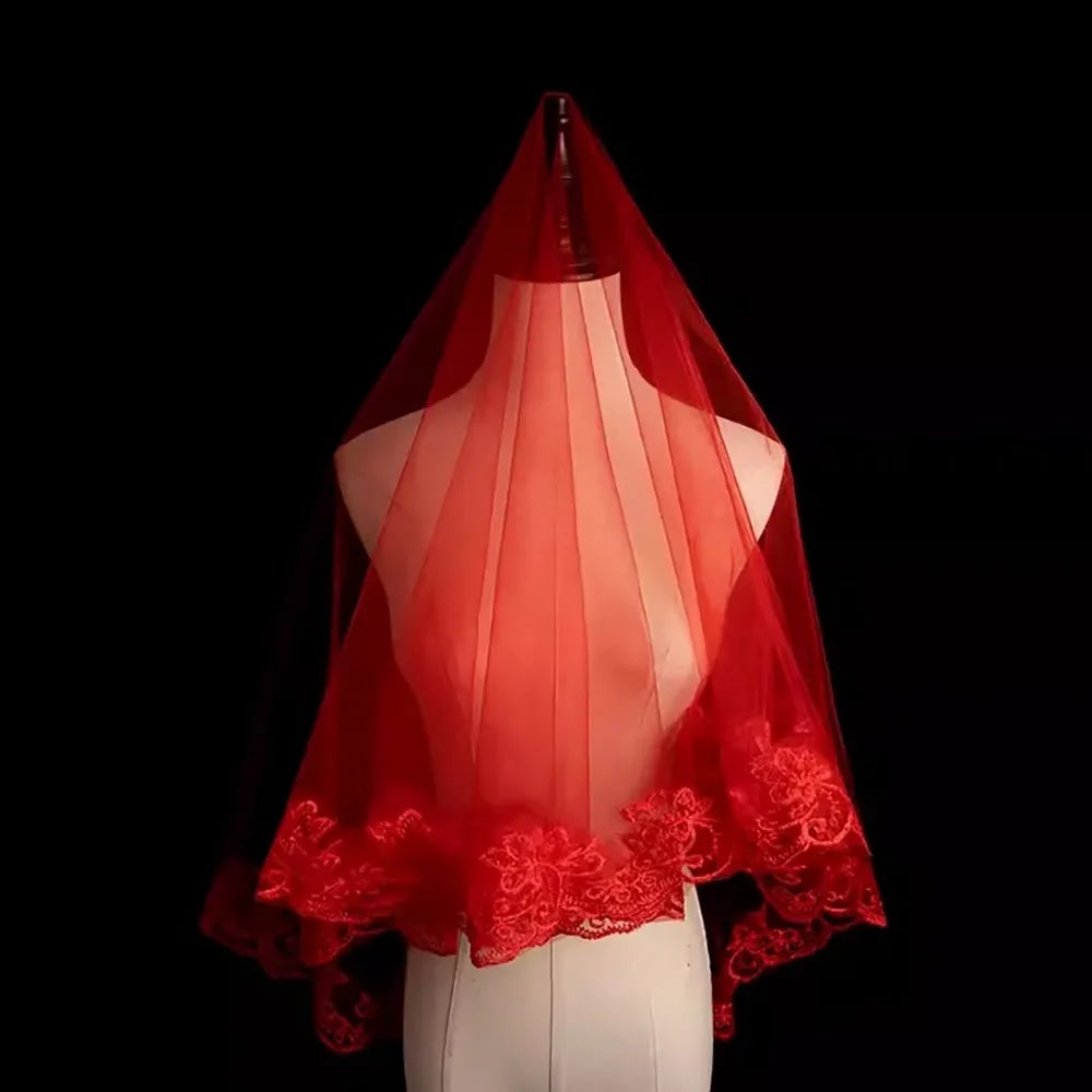 Red Gold Embroidery Bridal Veil – Lace Chinese Wedding Head Cover Bridal Veil PLUSH Style F