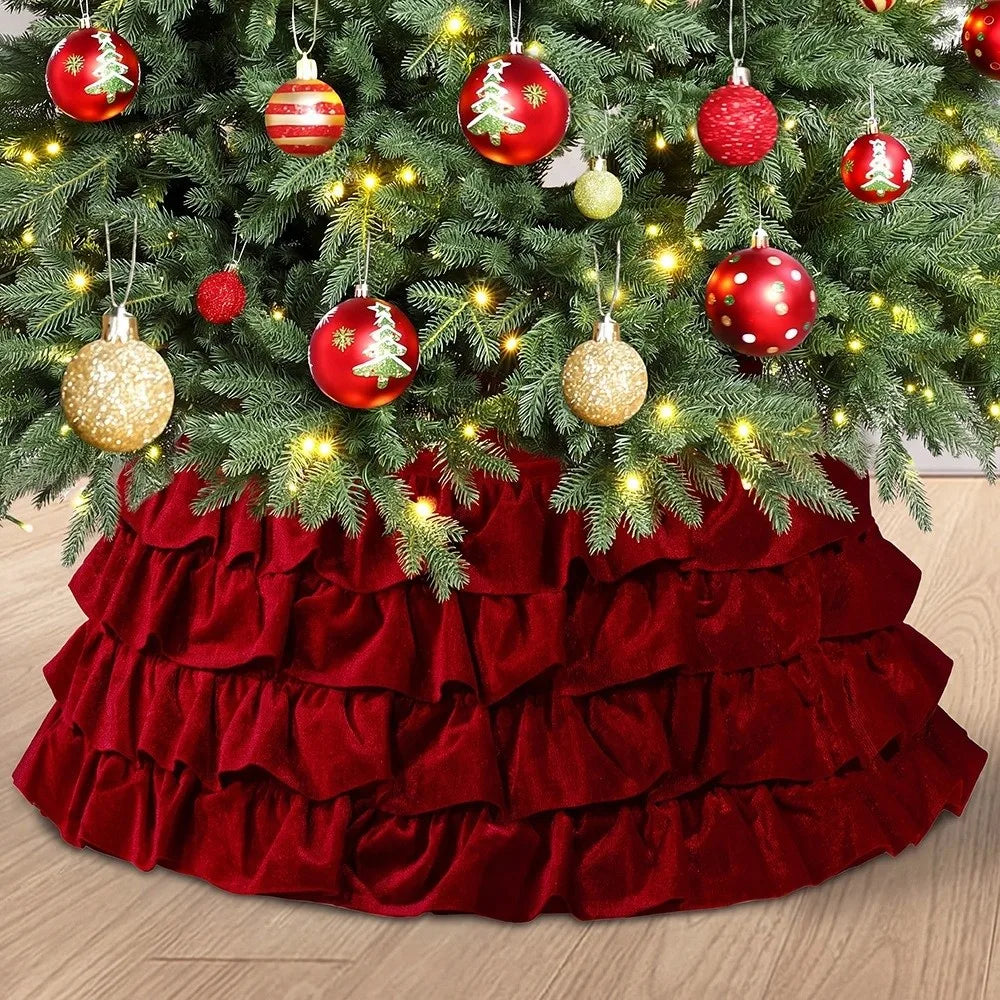Round Velvet Christmas Tree Skirt – Vintage Pleated Xmas Collar Christmas Tree Skirt PLUSH