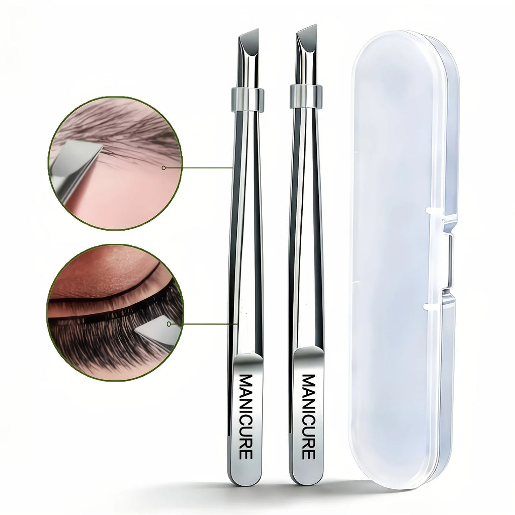 Stainless Steel Slant Tip Eyebrow Tweezers Set 2pcs with Box Eyebrow Tweezers Set PLUSH