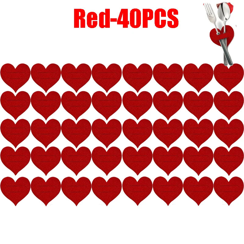 Heart Shaped Felt Flatware Holders – Red Valentine Table Decor Flatware Holders PLUSH Red-40Pcs