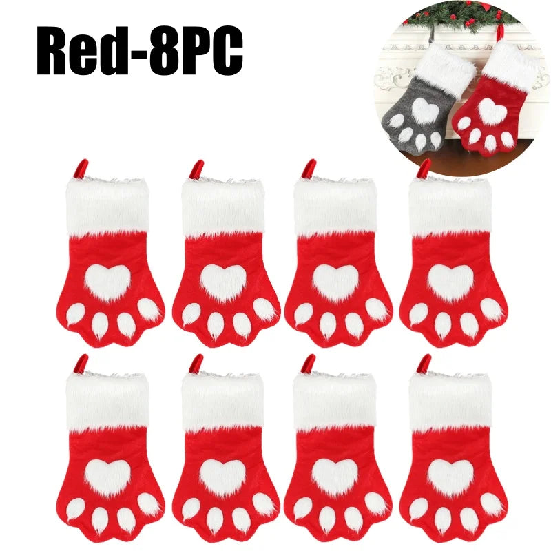 Dog Paw Christmas Stockings – Fuzzy Red Velvet Holiday Set Christmas Stocking Set PLUSH Red-8PC 44x22cm