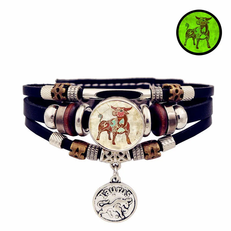 Glow Zodiac Constellation Leather Charm Bracelet – Unisex Charm Bracelet PLUSH 1-Taurus