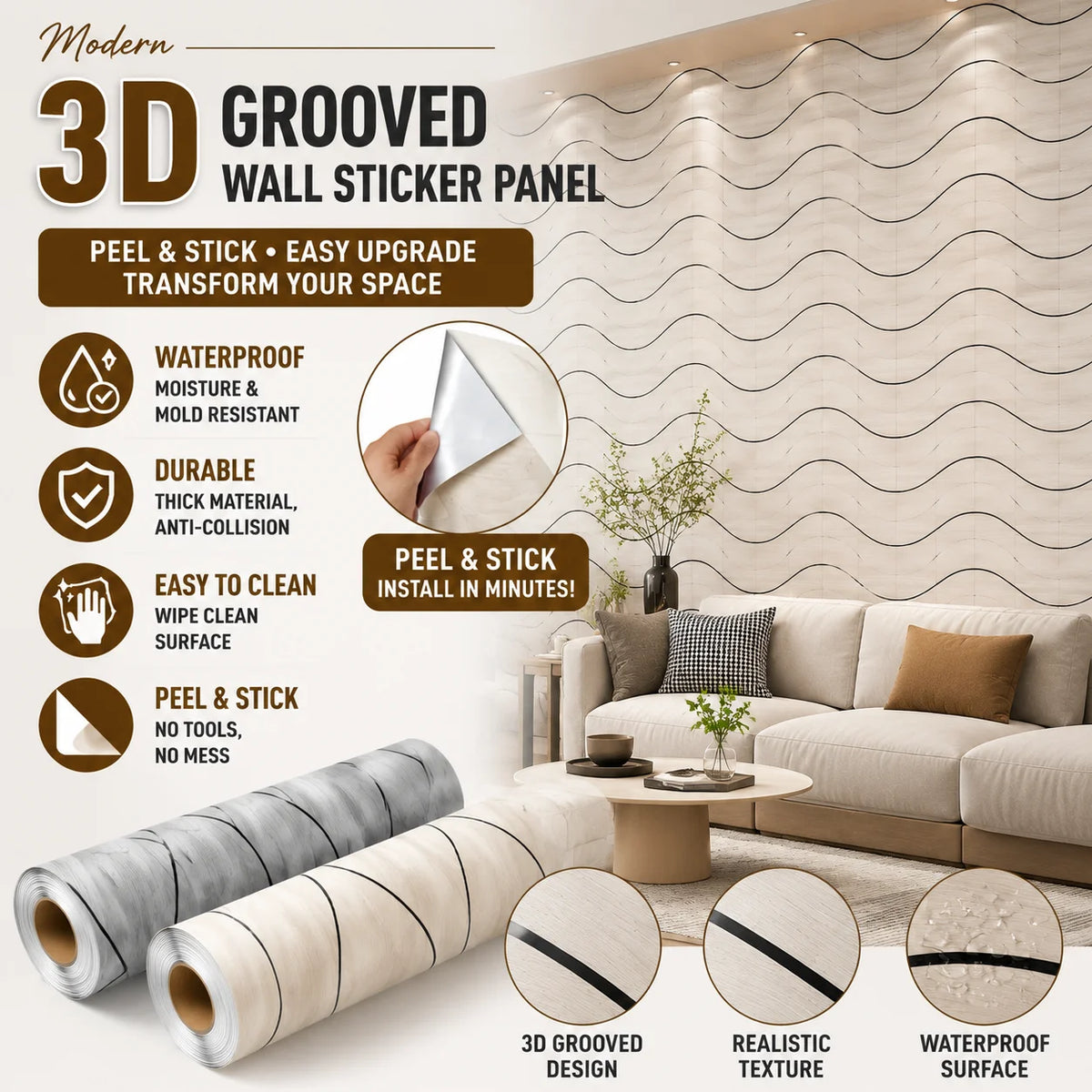 3D Wood Grain Wall Sticker Self-Adhesive Grooved Grid Decal Wall Sticker Decal PLUSH