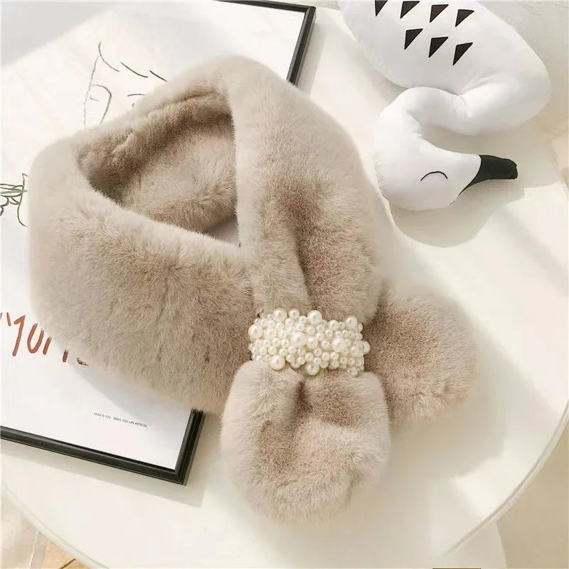 Women's Faux Rabbit Fur Scarf with Pearl Accents | Neck Warmer Faux Fur Scarf PLUSH Khaki 1PC