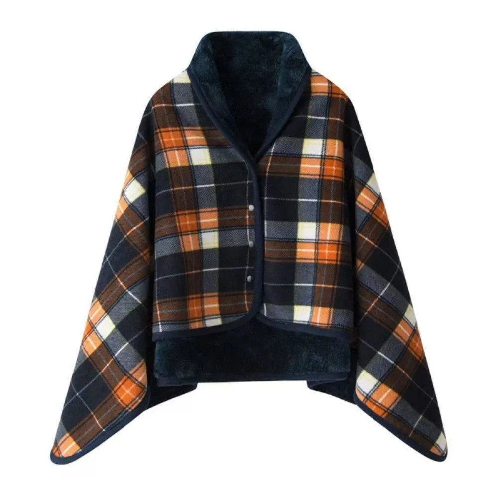 Flannel Wearable Blanket Shawl | Plaid Throw Button Closure Wearable Shawl Blanket PLUSH Dark Blue