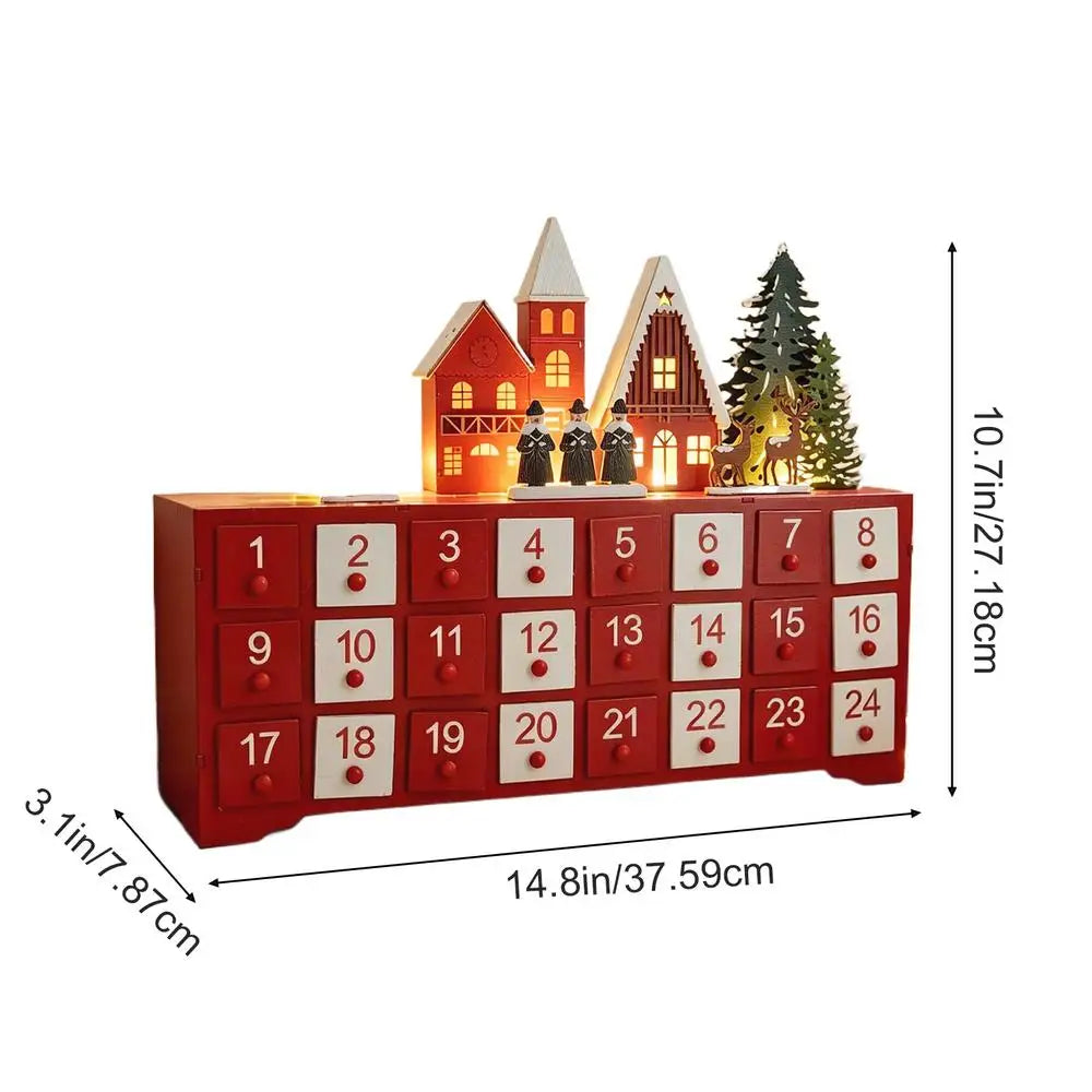 Wood Christmas Advent Calendar 24 Drawers LED Village Decor Advent Calendar Decor PLUSH Red 1PC