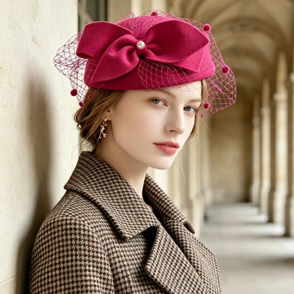 Women's Elegant Pearl Bow Fedora Top Hat | Party & Fashion Women's Fashion Hat PLUSH Rose Red