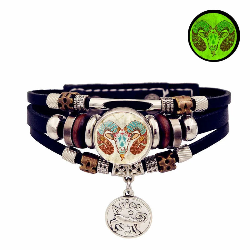 Glow Zodiac Constellation Leather Charm Bracelet – Unisex Charm Bracelet PLUSH 7-Aries