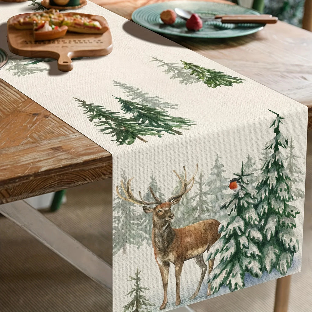 Winter Forest Table Runner – Reindeer Cardinal Christmas Décor Holiday Table Runner PLUSH