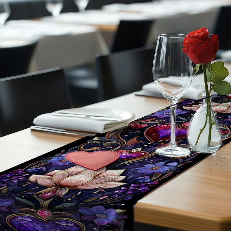 Valentine's Day Table Runner – Dark Blue Heart Floral Pattern Table Runner PLUSH