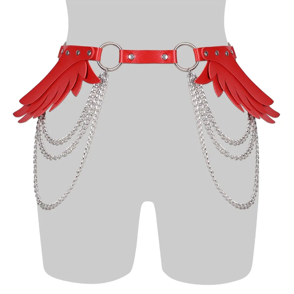 Y2K Punk PU Leather Wing Rivet Belt – Metal Studs & Chain Punk Fashion Belt PLUSH Red