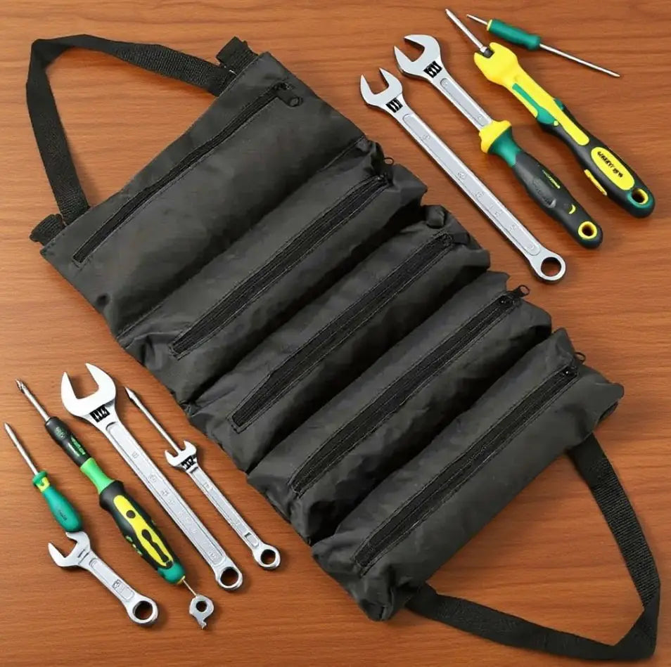 Canvas Tool Roll Up Bag – 5 Zipper Pockets Hanging Organizer Tool Roll Organizer PLUSH