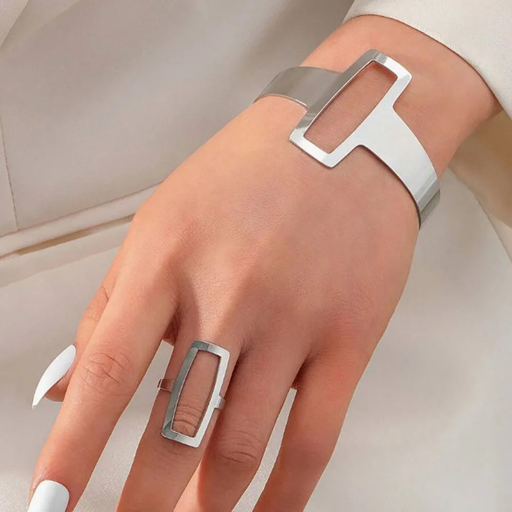 Geometric Hollowed Square Stainless Steel Ring & Bracelet Set Jewelry Set PLUSH