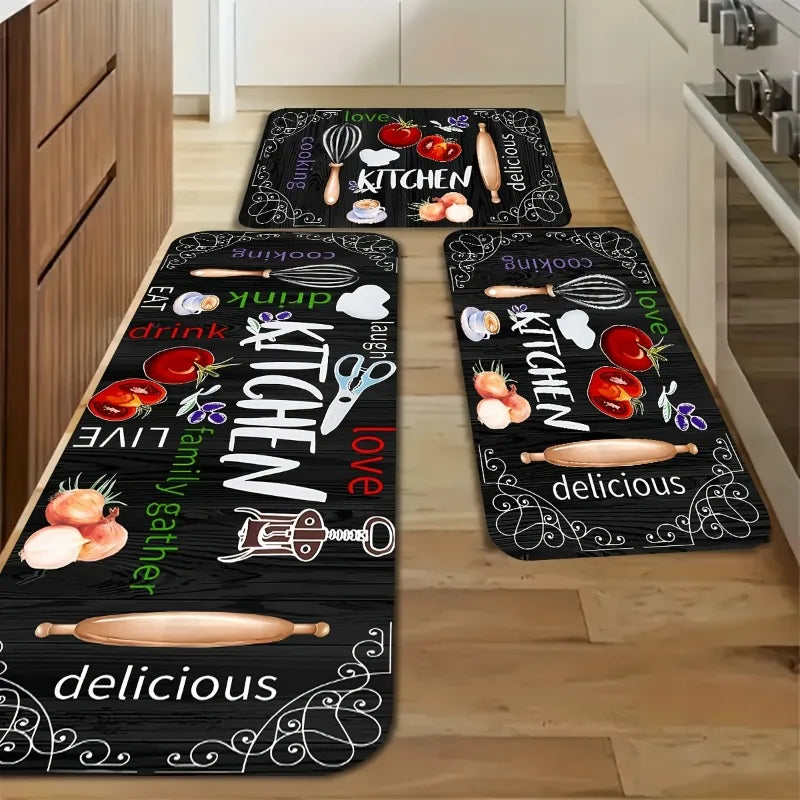 3-Piece Non-Slip Kitchen Mat Set – Knife & Fork Print Kitchen Mat Set PLUSH
