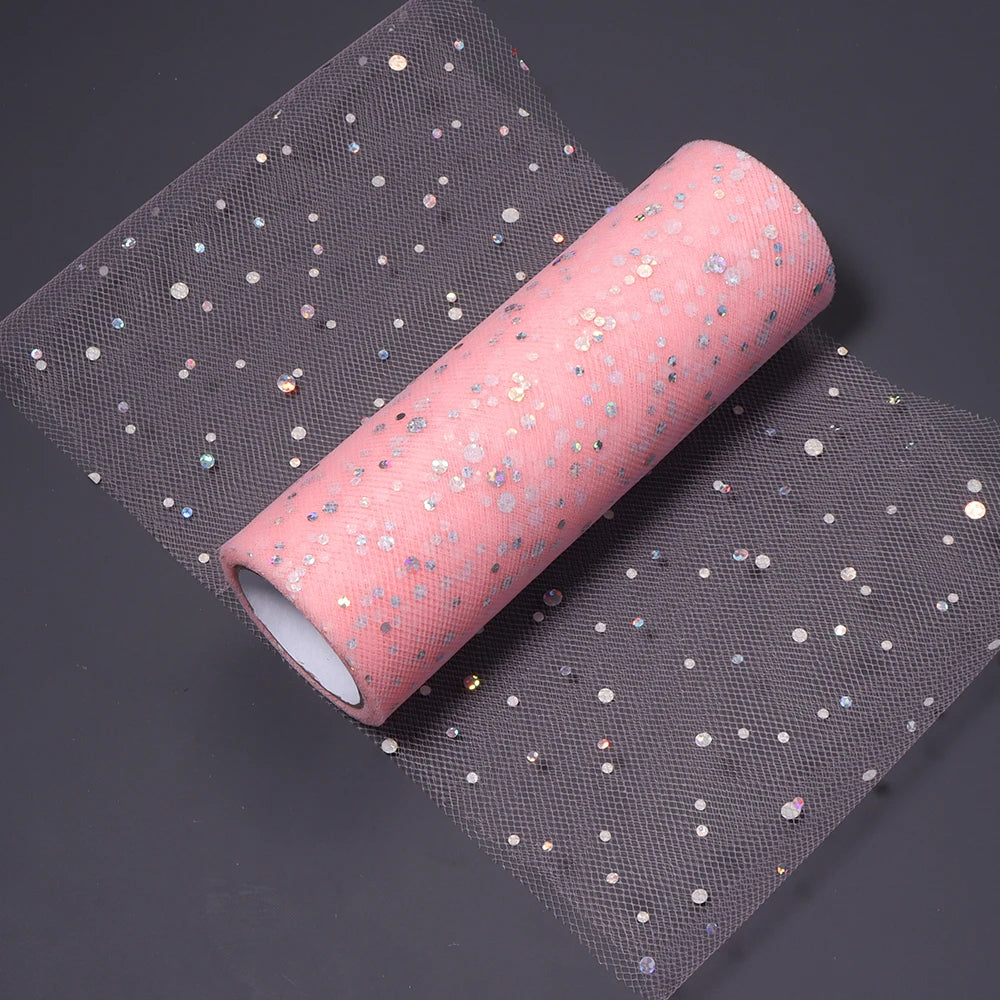 10 Yards Laser Sequin Glitter Tulle Mesh Fabric 15cm – DIY Craft Glitter Tulle Fabric PLUSH pink 15cm