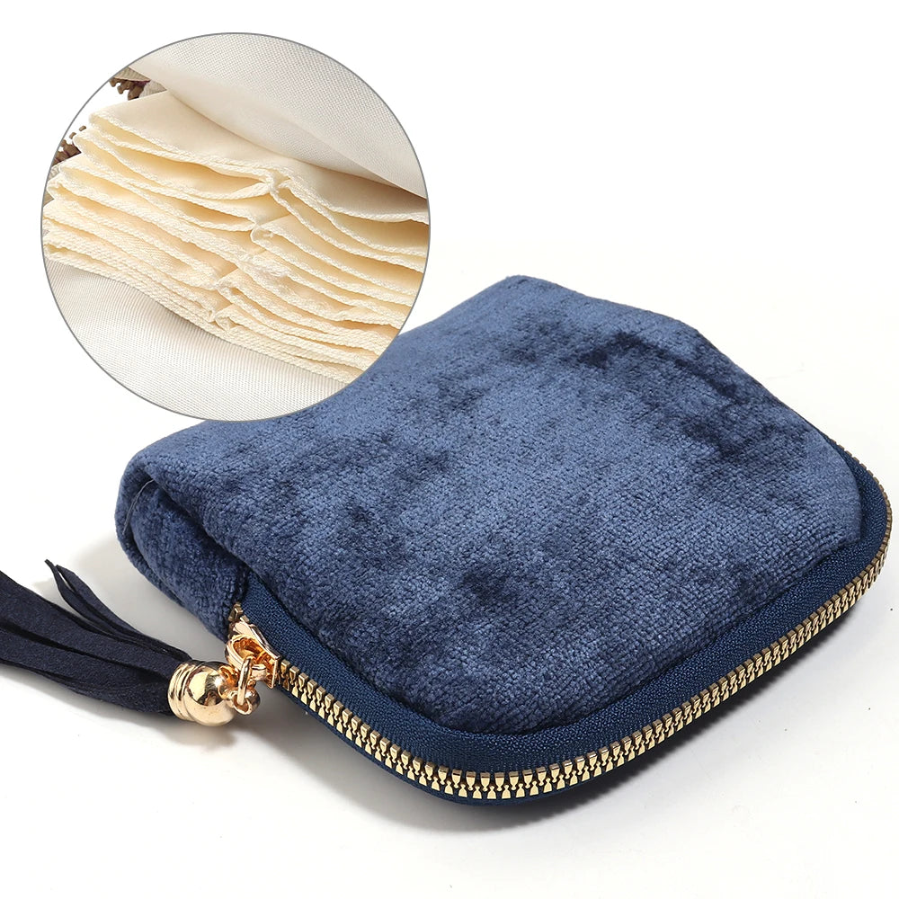 Velvet Jewelry Pouch 6-Layer Storage Bag with Tassel | Travel Jewelry Storage Pouch PLUSH blue