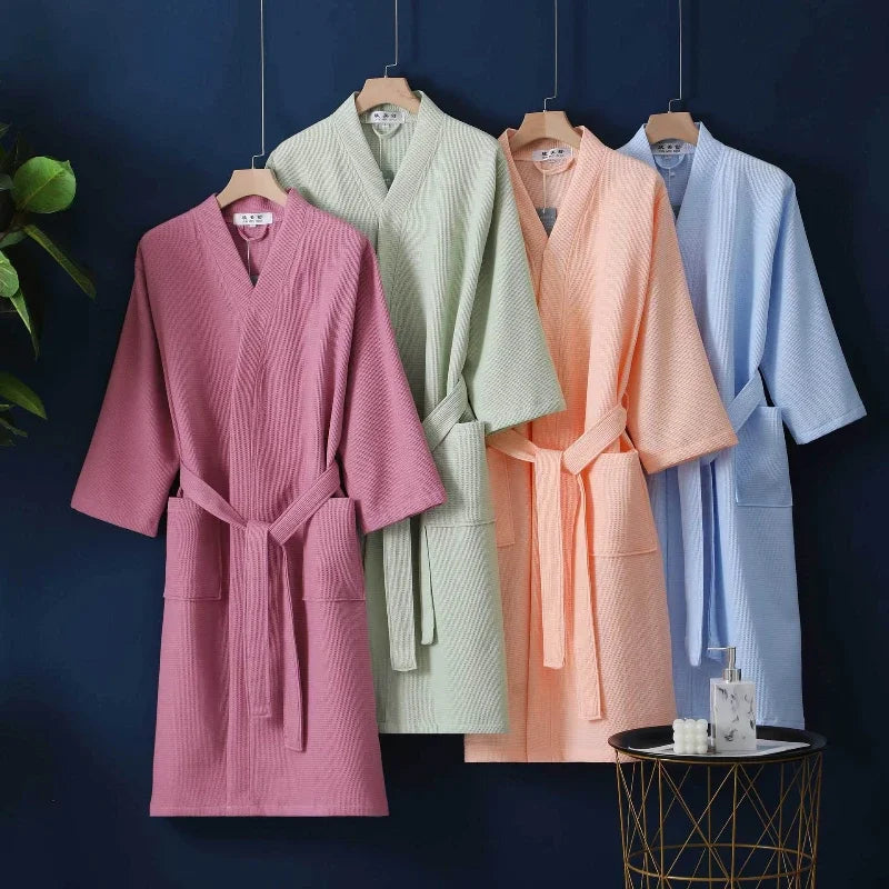 100% Cotton Waffle Kimono Bathrobe – Unisex V-Neck Robe Cotton Kimono Bathrobe PLUSH