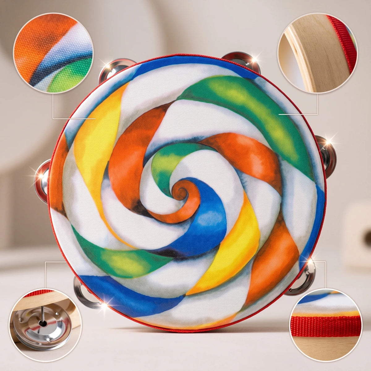 8-Inch Hand Tambourine – Wood Frame & Swirl-Pattern Drumhead Hand Tambourine PLUSH