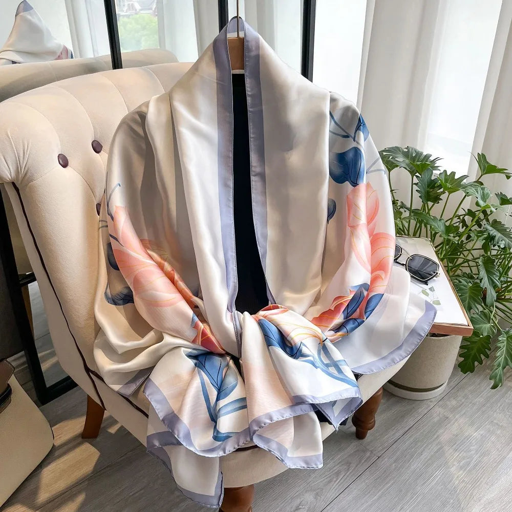 Women's Silk Chiffon Scarf – Lotus Print Shawl Wrap | 180cm Silk Chiffon Scarf PLUSH Style18