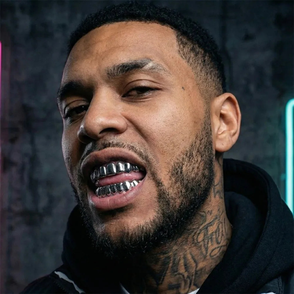 Glossy Teeth Grillz Top & Bottom Set | Shiny Silver Caps Teeth Grillz Caps PLUSH