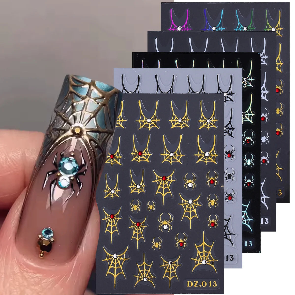 Halloween Spider Web Nail Decals – 5pcs Rhinestone Stickers Nail Art Stickers PLUSH