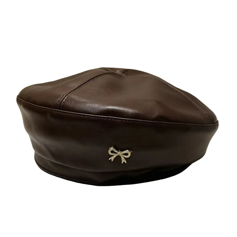 Women's PU Leather Bow Beret | British Newsboy Cap All Seasons Women's Beret Hat PLUSH Coffee