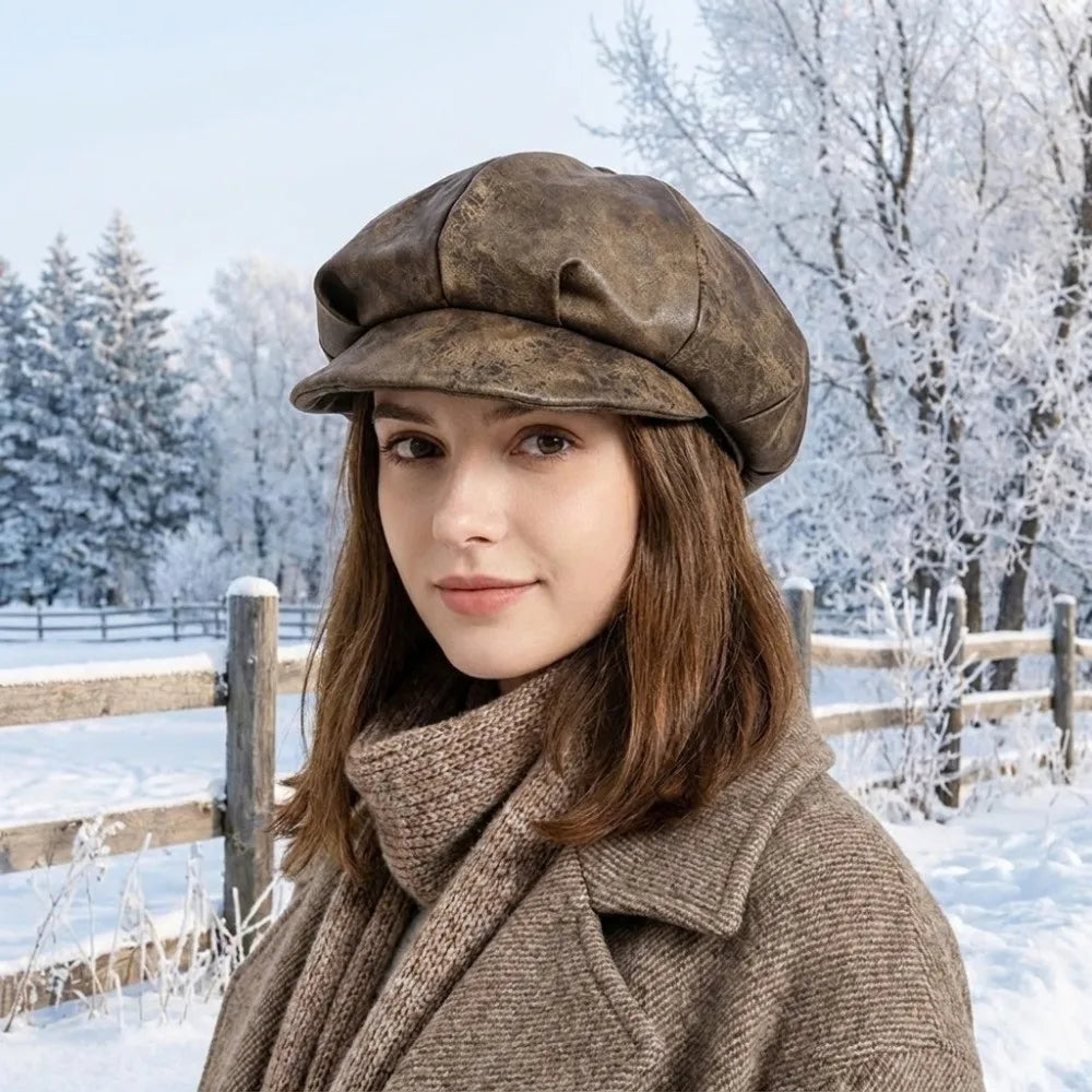 Women's PU Leather Beret Newsboy Cap – British Style Hat Women's Beret Cap PLUSH