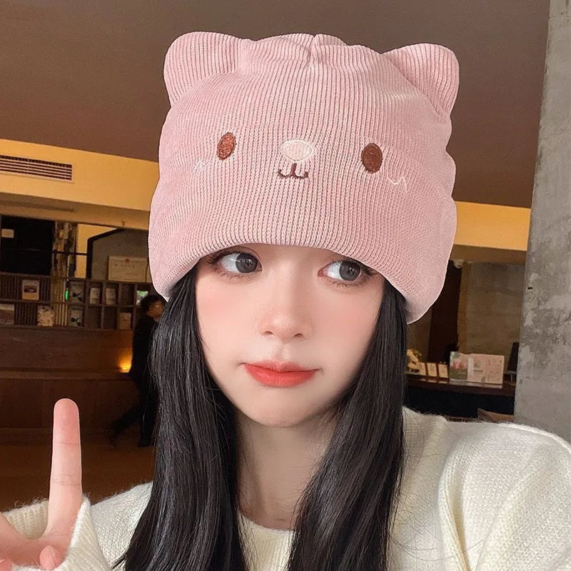 Kawaii Cat Ear Knit Beret – Oversized Stretchy Beanie for Women Knit Beret Hat PLUSH