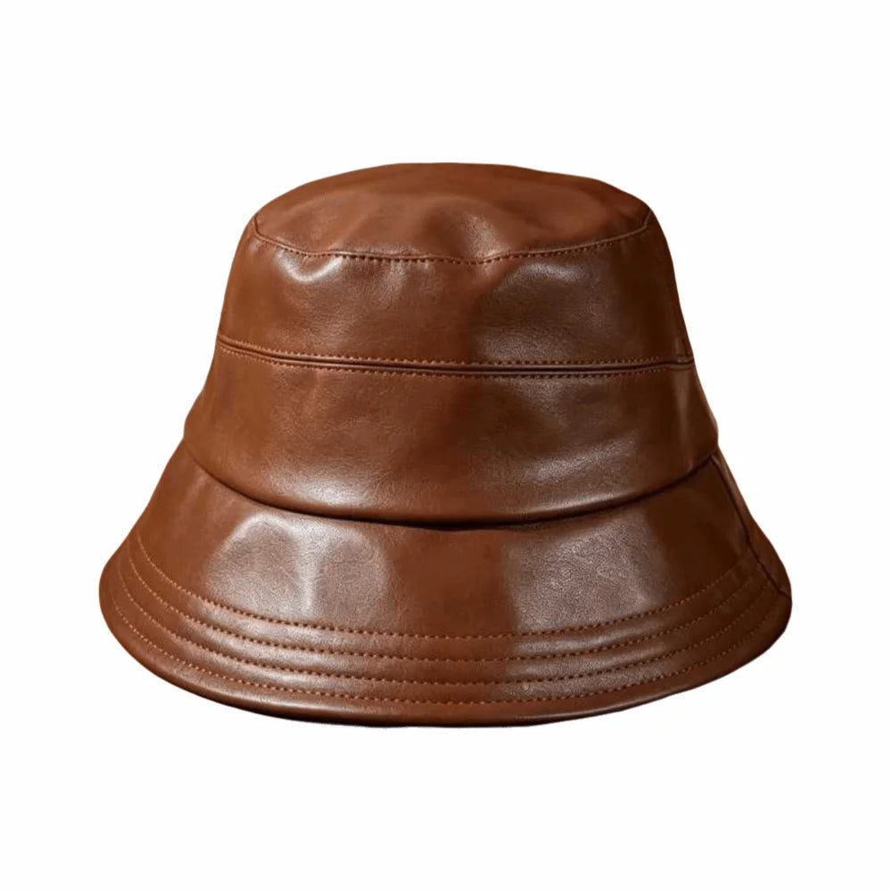 Women's PU Leather Wide Brim Bucket Hat – Packable Sun Hat Bucket Hat PLUSH Coffee