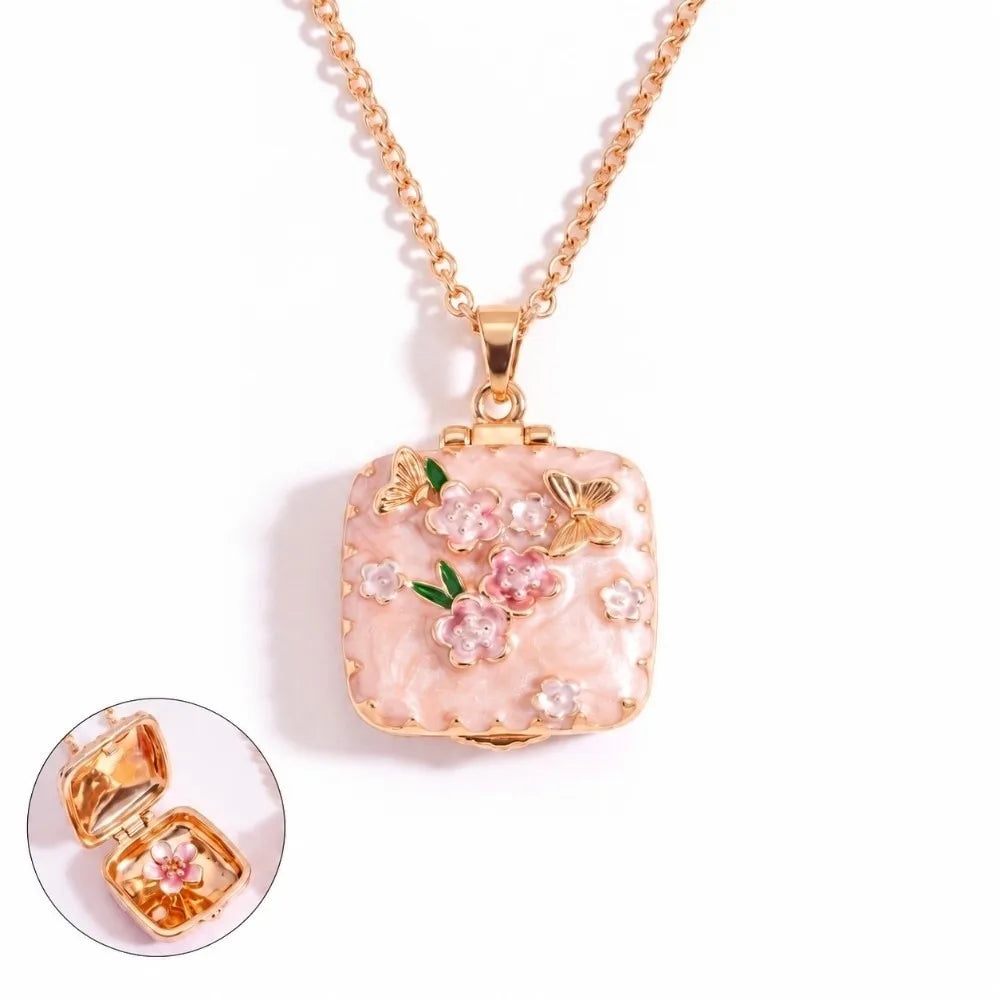 Vintage Square Locket Necklace – Enamel Floral Butterfly Pendant Locket Pendant Necklace PLUSH Style A