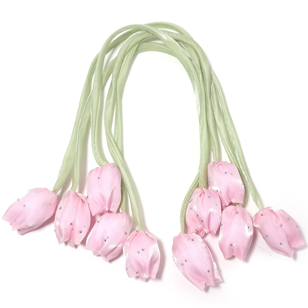 5pcs Satin Tulip Flower Strings Rhinestone DIY Hair & Garment Fabric Flower Trim PLUSH pink