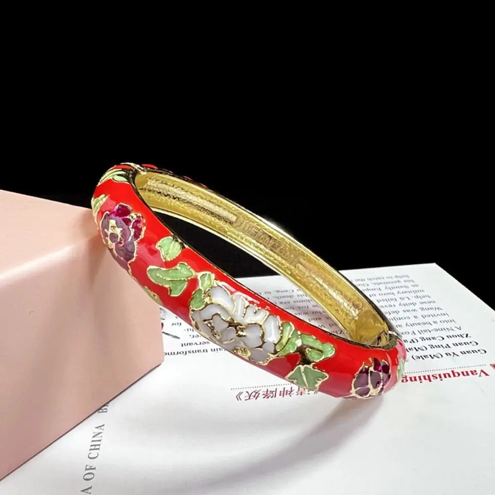 Chinese Cloisonné Enamel Peony Double Bangle Bracelet for Women Enamel Bangle Bracelet PLUSH red