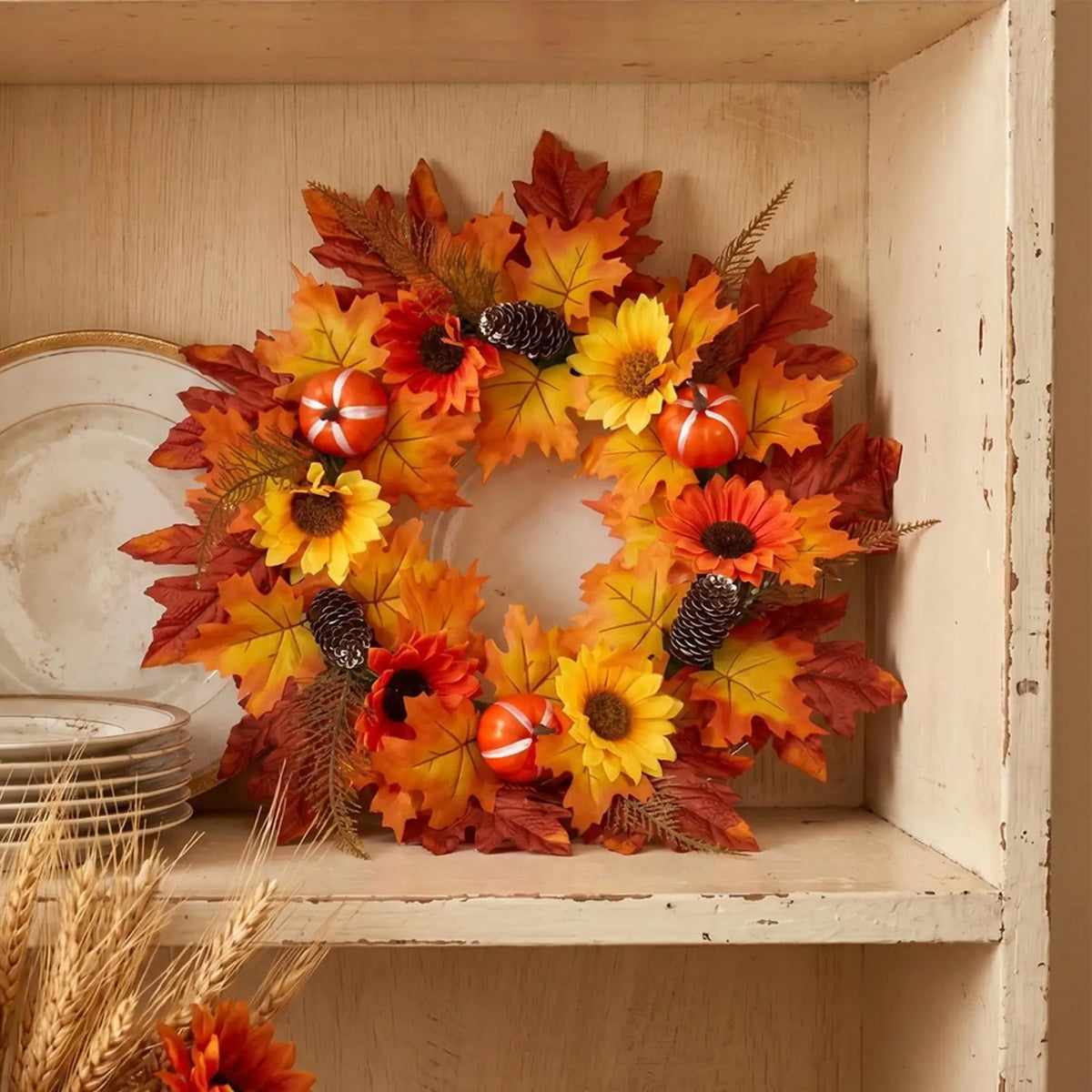56cm Fall Harvest Pumpkin Maple Leaf Wreath | Autumn Door Decor Seasonal Door Wreath PLUSH