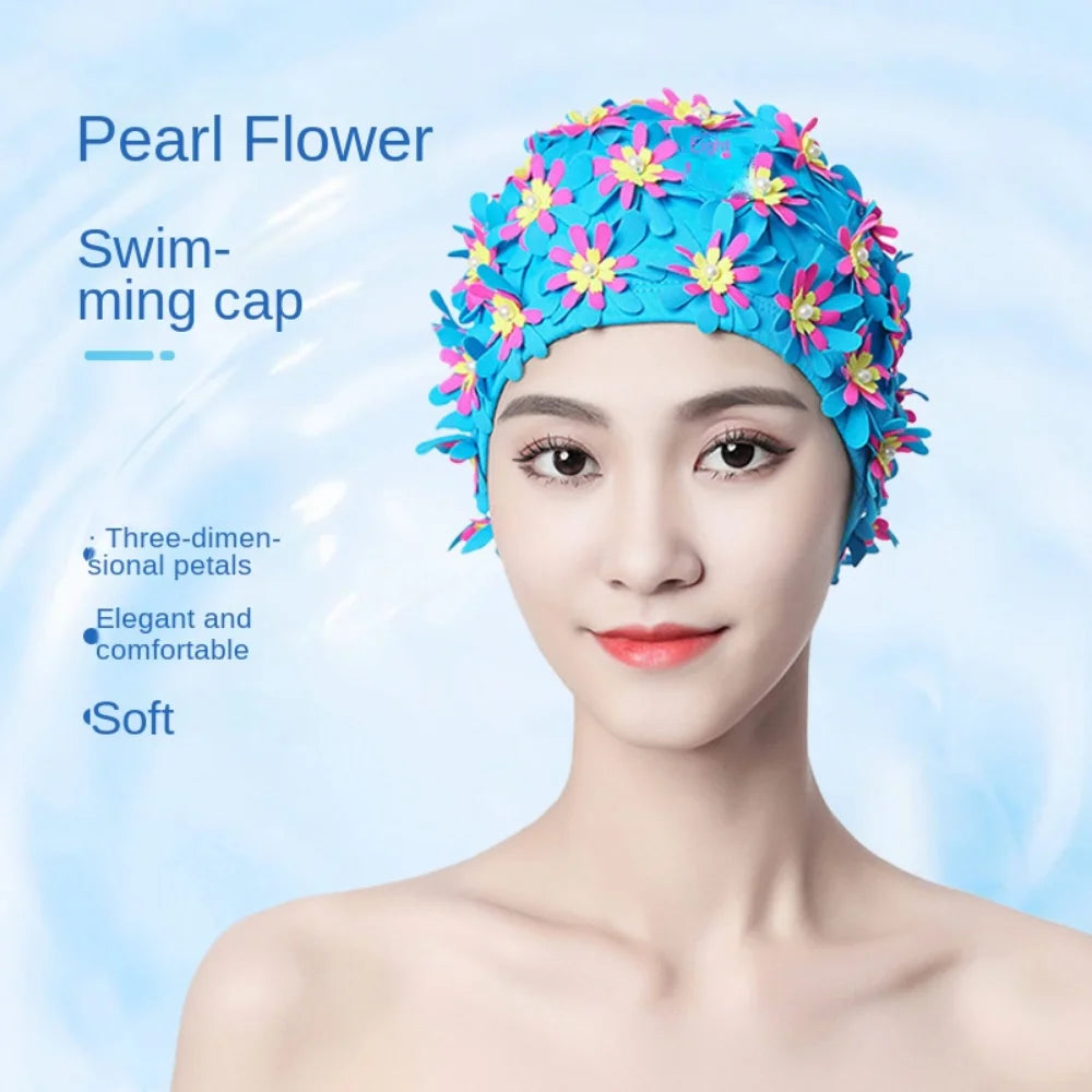 Pearl Floral Swim Cap for Women – Vintage Long Hair Swimming Swim Cap PLUSH