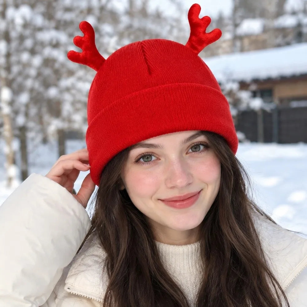 Reindeer Antler Knit Beanie – Cozy Christmas Cosplay Hat Knit Beanie Hat PLUSH