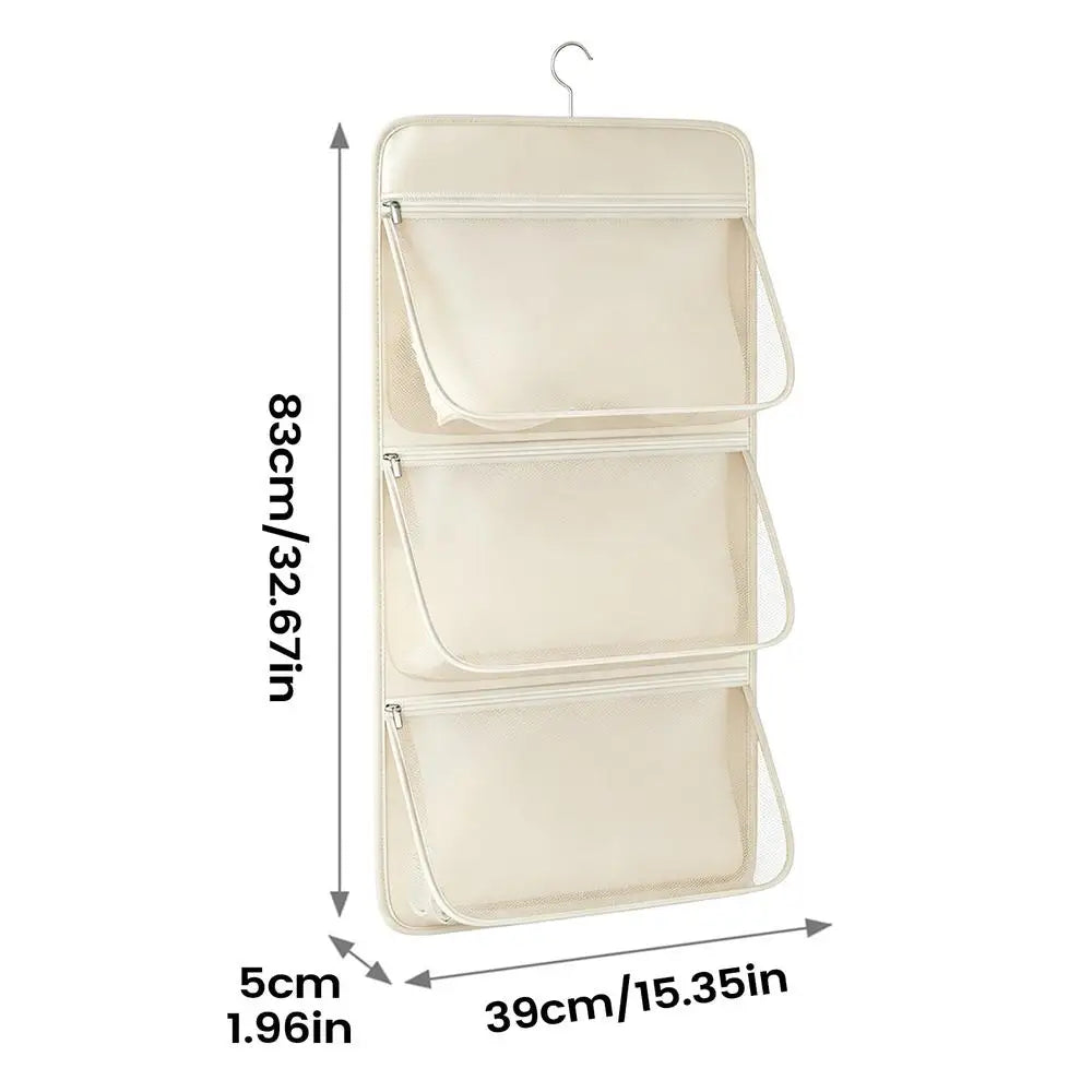 Hanging Mesh Closet Organizer – 3-Pocket Wardrobe Storage Bag Closet Organizer Bag PLUSH White