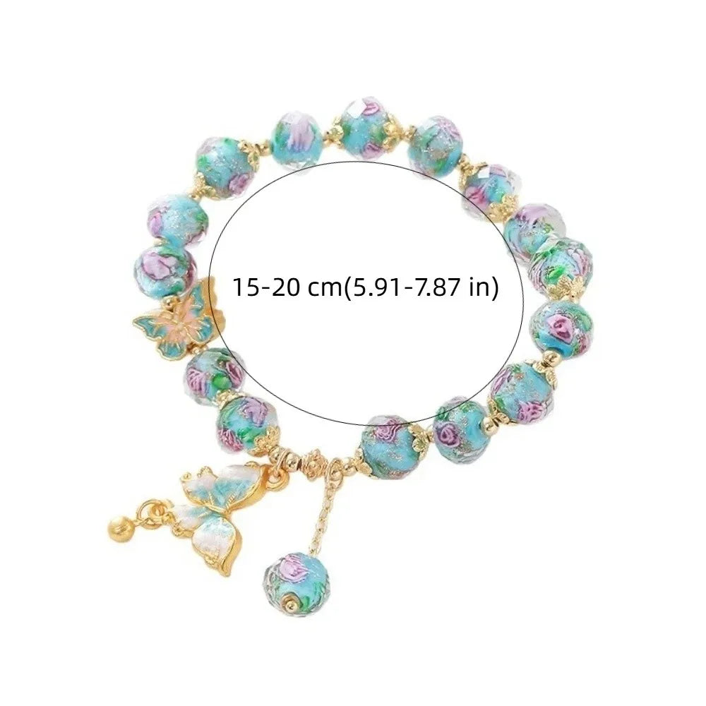 Butterfly Rose Beaded Bracelet – Vintage Lampwork Glass Charm Beaded Charm Bracelet PLUSH