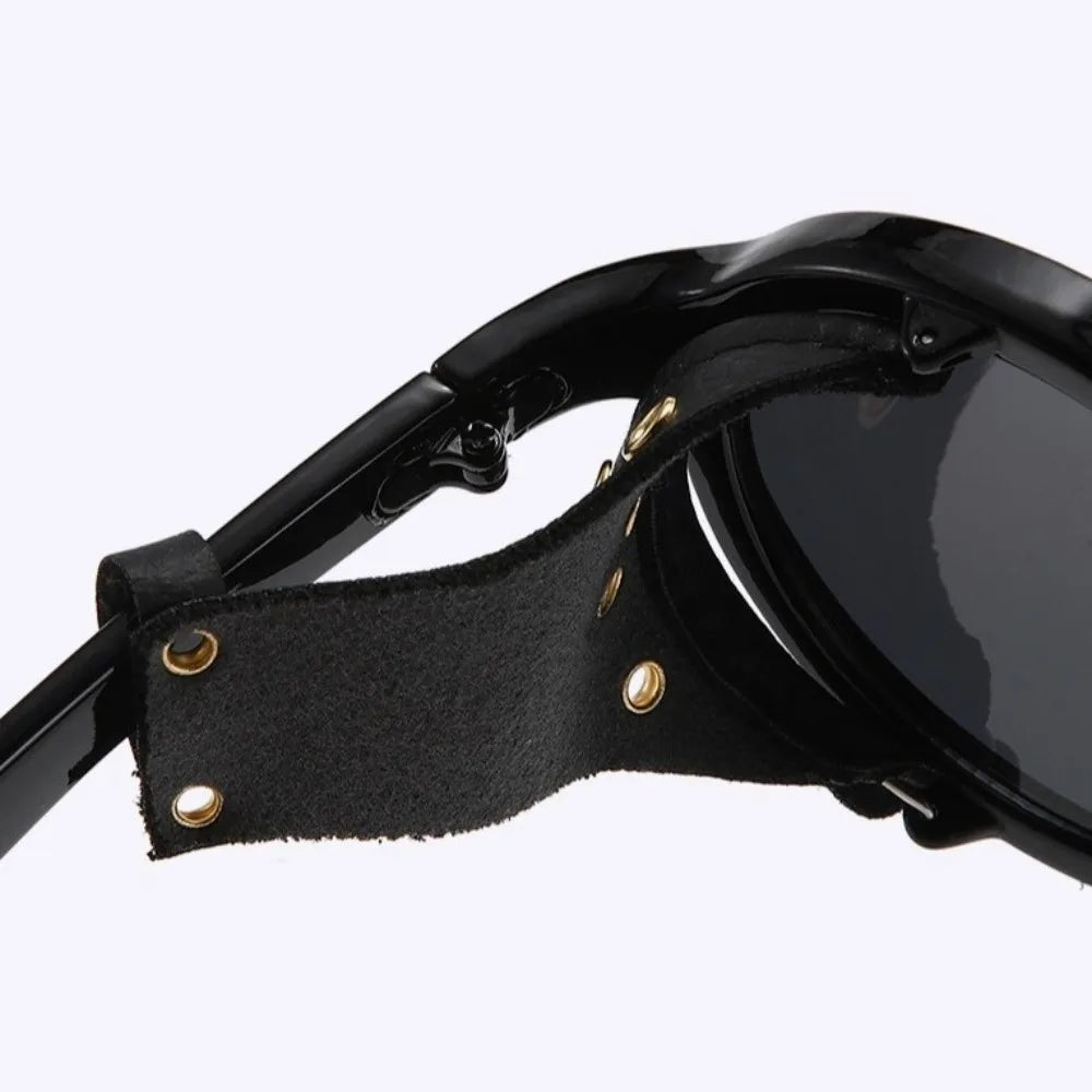 Retro Round Steampunk Sunglasses | Leather Side Shields Steampunk Sunglasses PLUSH
