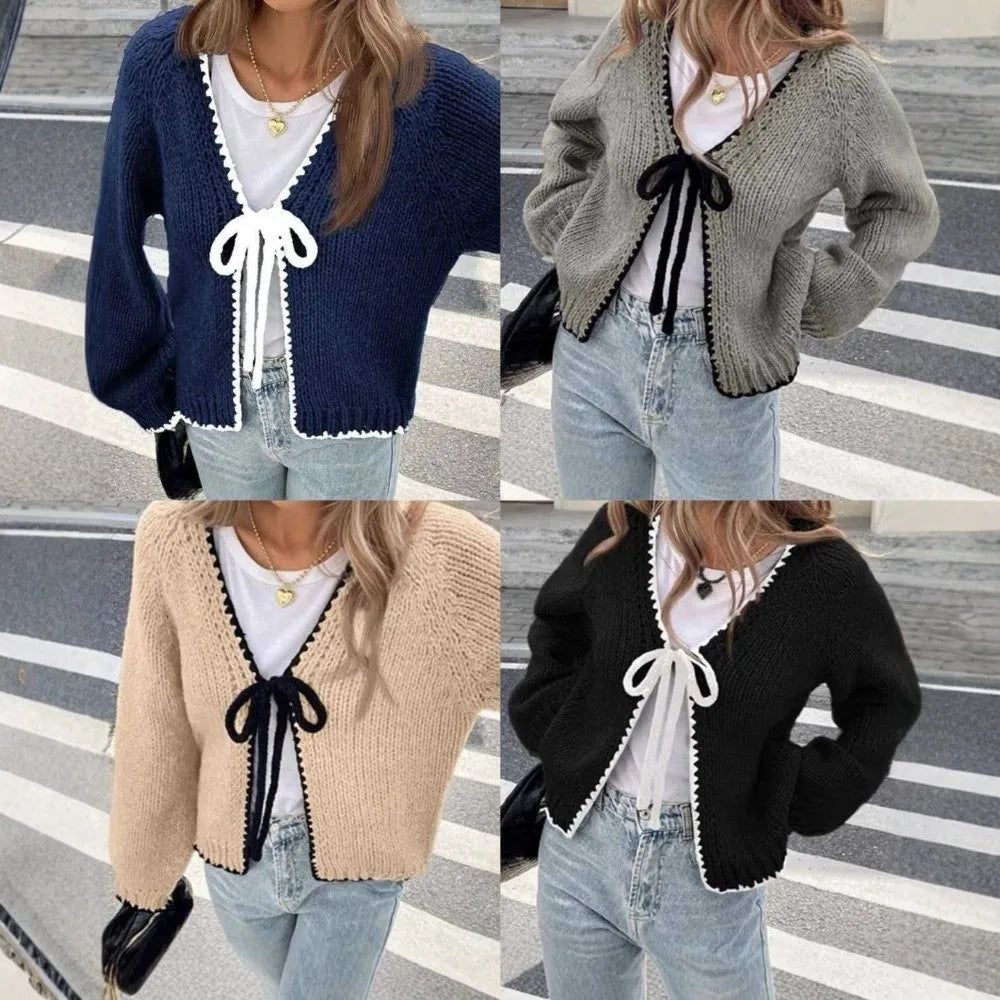 Women's Loose Fit V-Neck Knit Cardigan Sweater | Tie-Up Style Knit Cardigan Sweater PLUSH