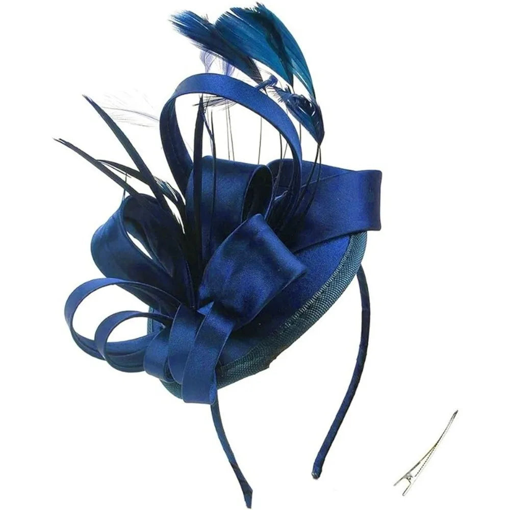 Sweet Bow Feather Fascinator Headband | Tea Party Hair Hoop Fascinator Headband PLUSH Royal Blue